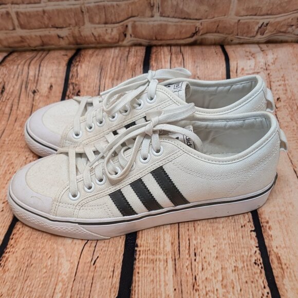 Adidas White Canvas Sneakers with Black Stripes Size 9 - Picture 3 of 10